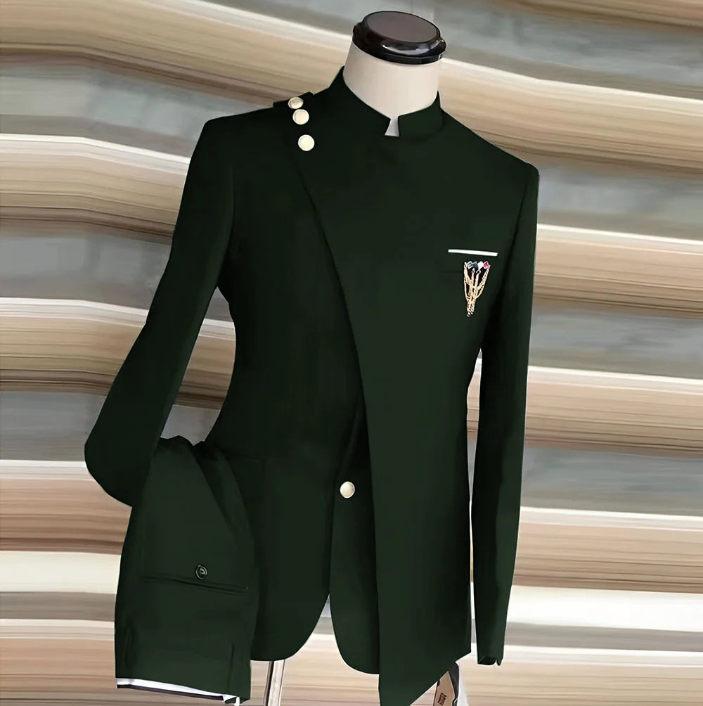 African Style Men's Suit 2 Piece Set Single Breasted Blazer Groom Wedding Tuxedo Gold Button Design Formal Jacket Pants 2 Piece
