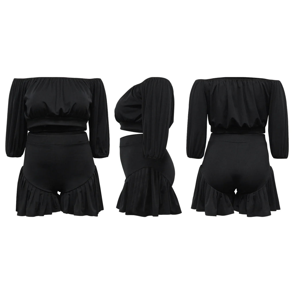 CM.YAYA Plus Size Women's Set Long Sleeve Slash Neck T-Shirt and Shorts  Summer Ruched Two 2 Piece Set Outfits Tracksuit