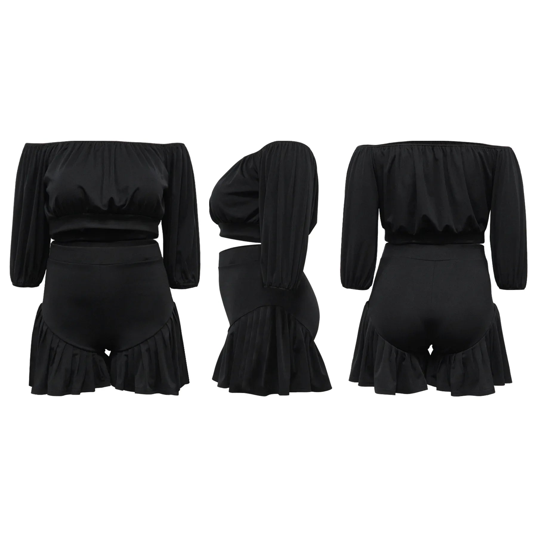 CM.YAYA Plus Size Women's Set Long Sleeve Slash Neck T-Shirt and Shorts  Summer Ruched Two 2 Piece Set Outfits Tracksuit