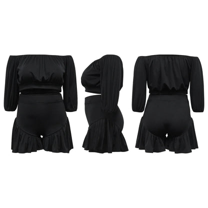 CM.YAYA Plus Size Women's Set Long Sleeve Slash Neck T-Shirt and Shorts  Summer Ruched Two 2 Piece Set Outfits Tracksuit