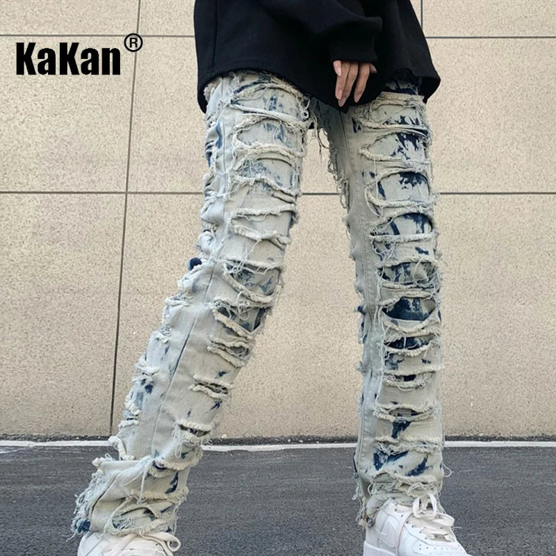 Kakan - New European and American Heavyweight Street Burnout Jeans for Men, High Street Burnout Straight Fit Long Jeans K27-3