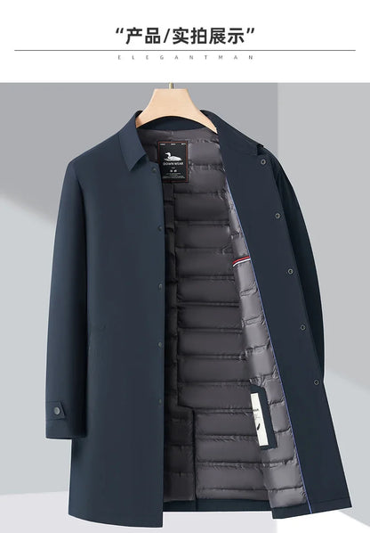 Luxury Brand Long Down Jacket Men's Winter Casual Thick Flip Collar White Duck Down Warm Parka Business Lightweight Trench Coat