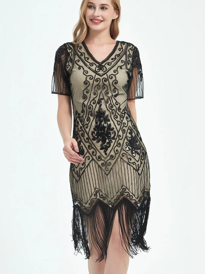 Embellished Beaded Sequin Dress Robe Vestidos Women 1920s Flapper Dress Vintage V Neck Butterfly Sleeve Long Great Gatsby Dress