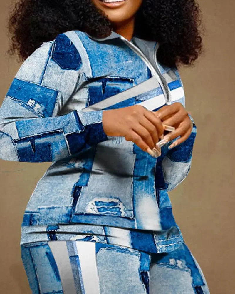 Spring Autumn Two Piece Sets Women Geometric Print Zip Up Top Coat Pants Set Outifits Fashion Tracksuit Casual Elegant Suit