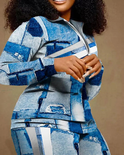 Spring Autumn Two Piece Sets Women Geometric Print Zip Up Top Coat Pants Set Outifits Fashion Tracksuit Casual Elegant Suit