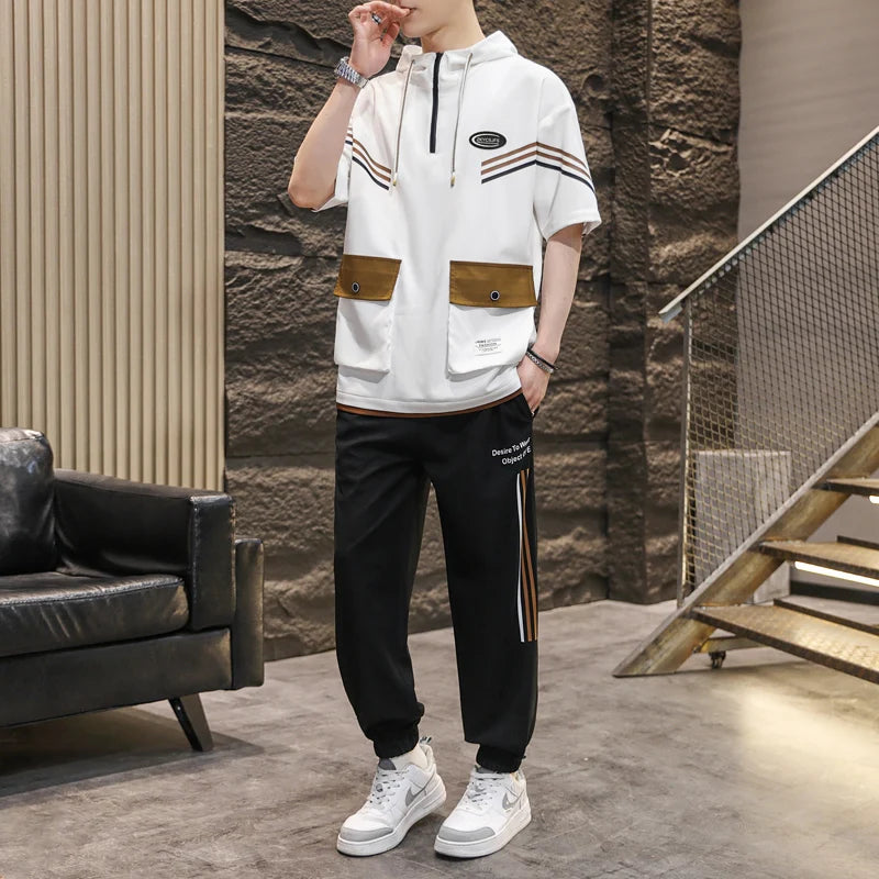 Casual Two Piece Men's Sets 2024 Summer Short Sleeve Hooded T-Shirt And Full-Length Pants Tracksuit Youth Streetwear Top Tee Set