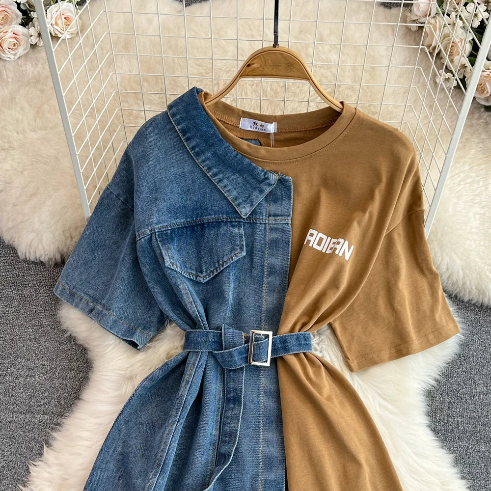 Elegant Summer Women Patchwork Denim Shirts Vintage Casual Slim Blouses Tops with Belted Female Fashion Pullover Clothes New