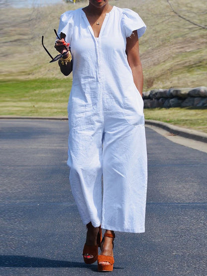 Summer Clothes  Trend Woman Short Sleeves Loose Cargo Jumpsuit Solid Color Cotton Jumpsuit Mid Waist Wide Leg Jumpsuit