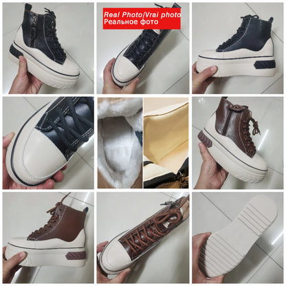 Fujin High Top Women Shoes Genuine leather 8cm Platform Boots Wedge Hidden Heel Zip Spring Autumn Warm Fur Winter Shoes Sneakers