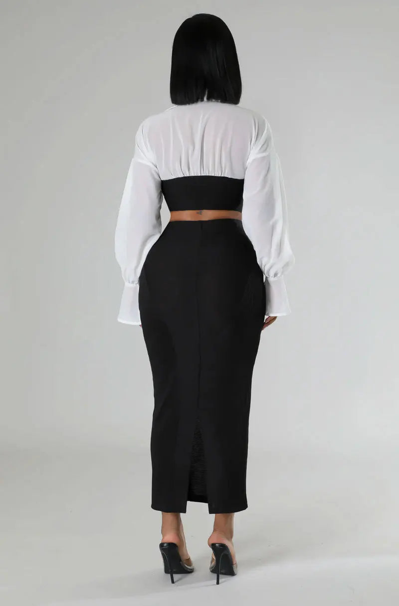 CM.YAYA Womens Two 2 Piece Sets Full Sleeve Shirt and Split Long Skirt Suit  Fall Streetwear Sexy Night Club Party Outfits