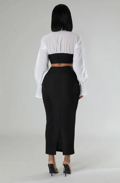CM.YAYA Womens Two 2 Piece Sets Full Sleeve Shirt and Split Long Skirt Suit  Fall Streetwear Sexy Night Club Party Outfits