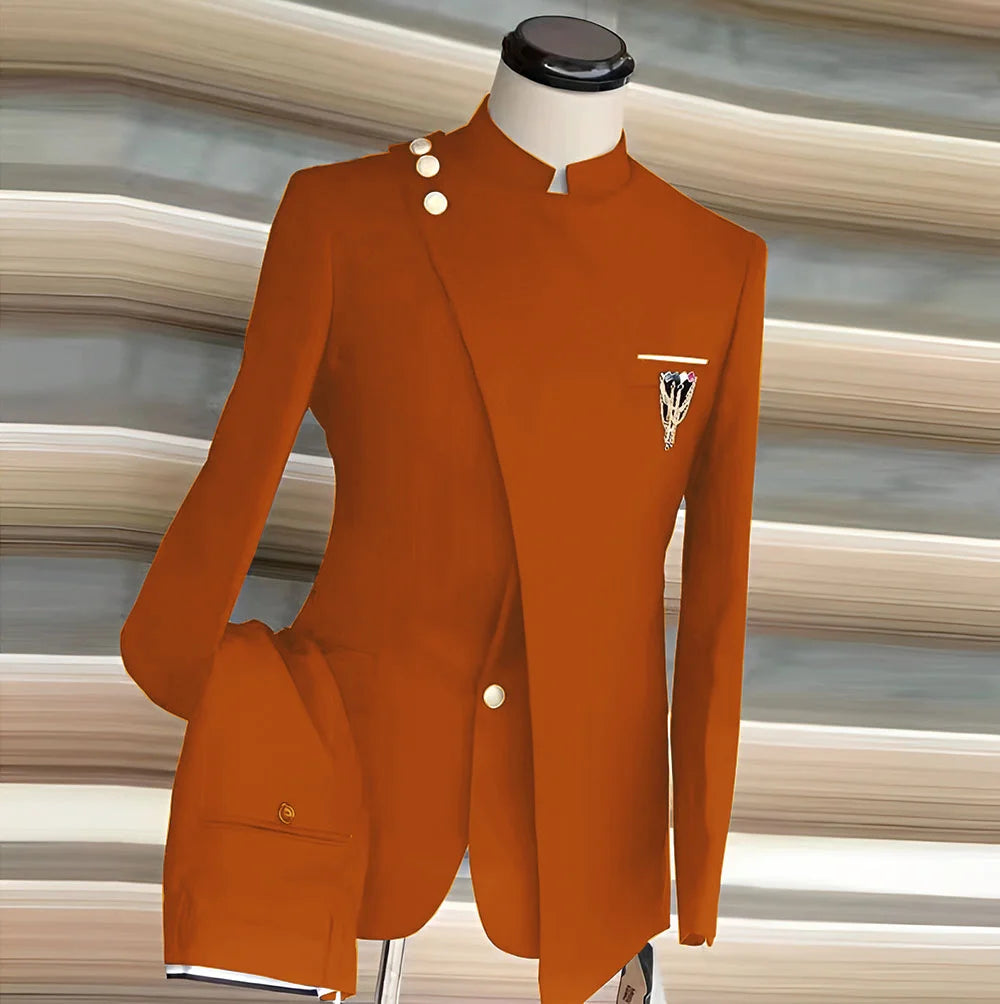 African Style Men's Suit 2 Piece Set Single Breasted Blazer Groom Wedding Tuxedo Gold Button Design Formal Jacket Pants 2 Piece