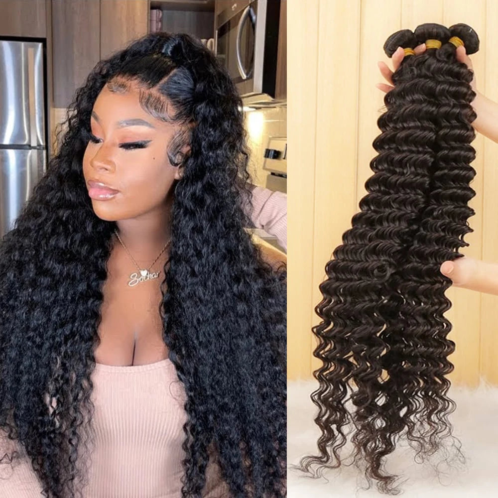 Malaysian Human Hair Bundles Deep Wave Raw 3 4 Bundles 28 30 Inch Virgin Remy Curly Hair Extension For Women Sew In Quick Weave