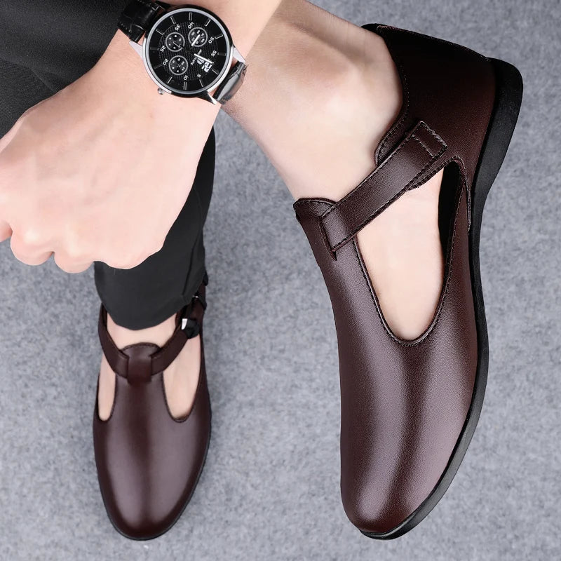 Summer Men Genuine Leather Breathable Sandals New Design Fashion Casual Black Brown Slip on Sandals Leather Sandals  Men's Flats
