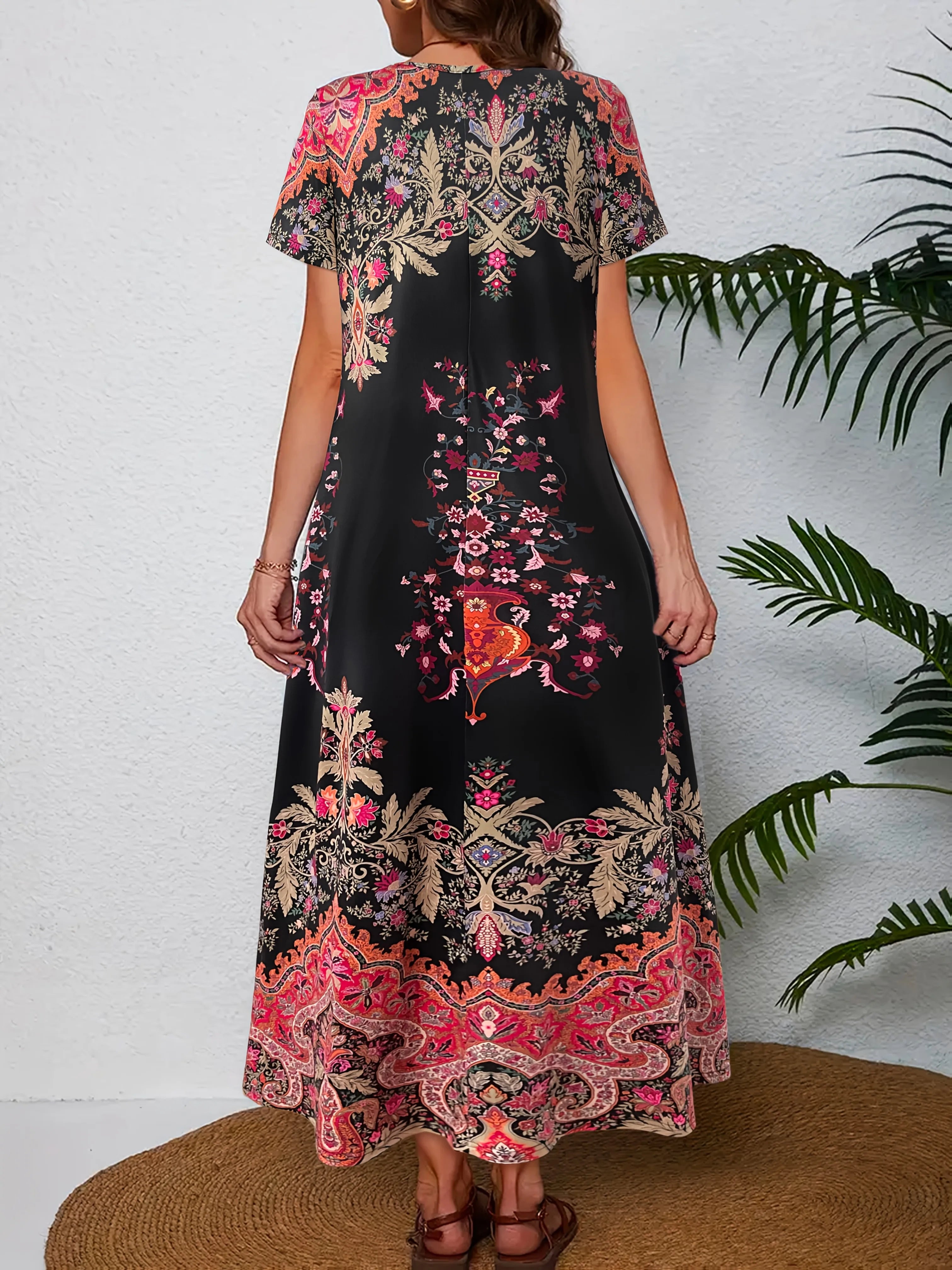Women's Plus Size Vintage Paisley Floral Print Maxi Dress Summer Casual V Neck Short Sleeve Loose Boho Beach Long Sundress