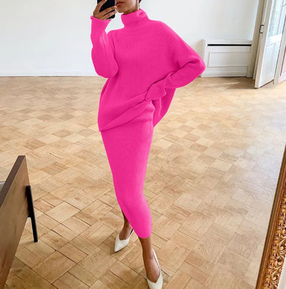 BKQU Knitted Dress Sets Women Loose Turtleneck Sweater Pullover And High Waist Long Skirt Two-Piece Set  Fall Winter Outfits