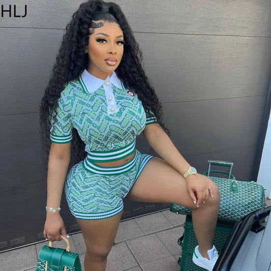 HLJ Blue Summer Printing Shorts Two Piece Sets Women Polo Nack Crop Top And Shorts Outfits Fashion Y2K Matching 2pcs Streetwear