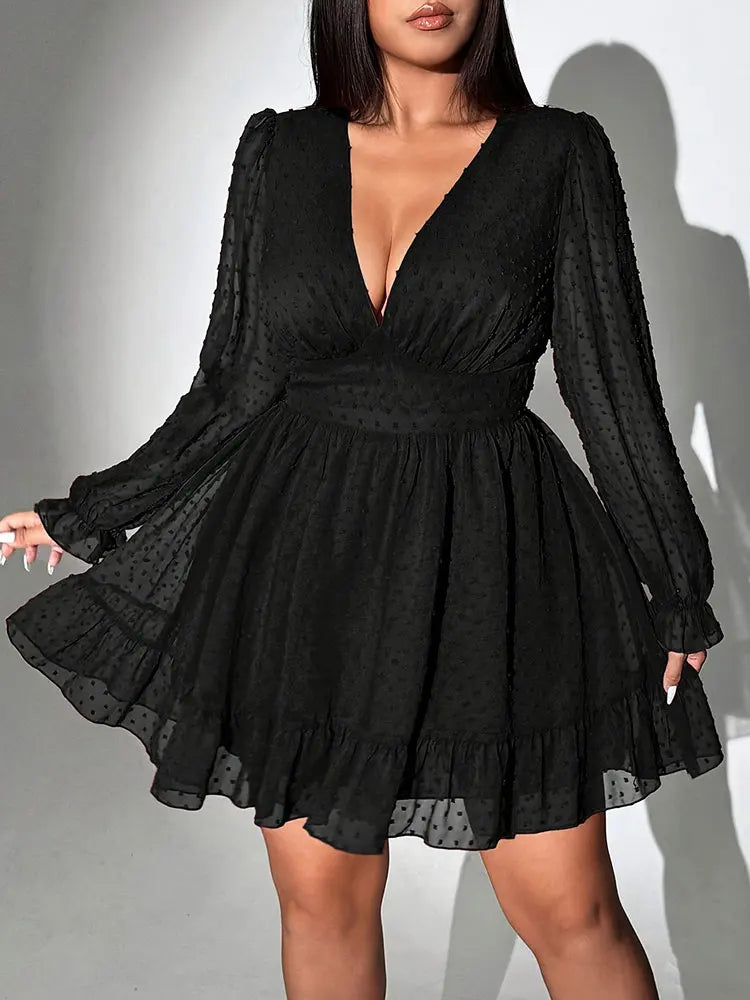 New Sexy V-Neck Short Dress Plus Size Solid Polka Dot Long-Sleeve American Slim A-Line Skirt Elegant Party Women's Evening Dress