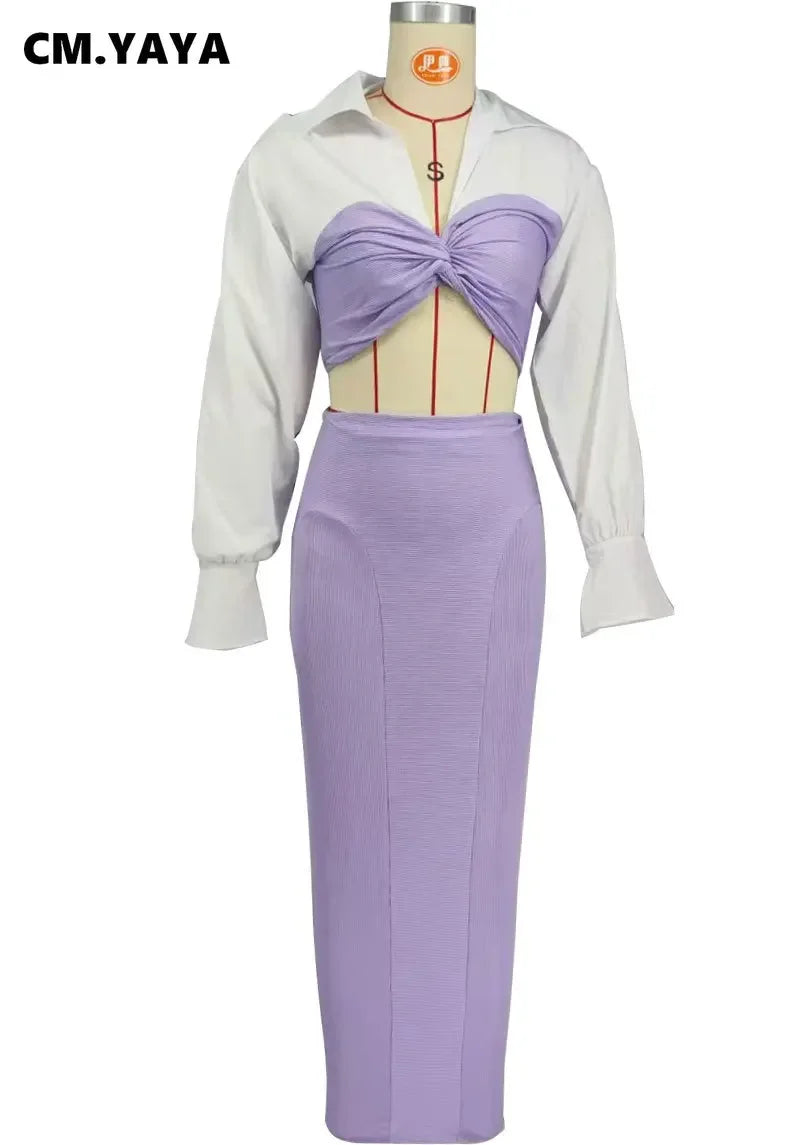 CM.YAYA Womens Two 2 Piece Sets Full Sleeve Shirt and Split Long Skirt Suit  Fall Streetwear Sexy Night Club Party Outfits