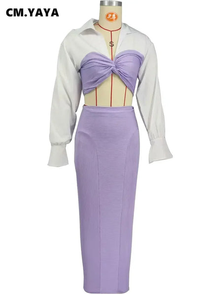 CM.YAYA Womens Two 2 Piece Sets Full Sleeve Shirt and Split Long Skirt Suit  Fall Streetwear Sexy Night Club Party Outfits