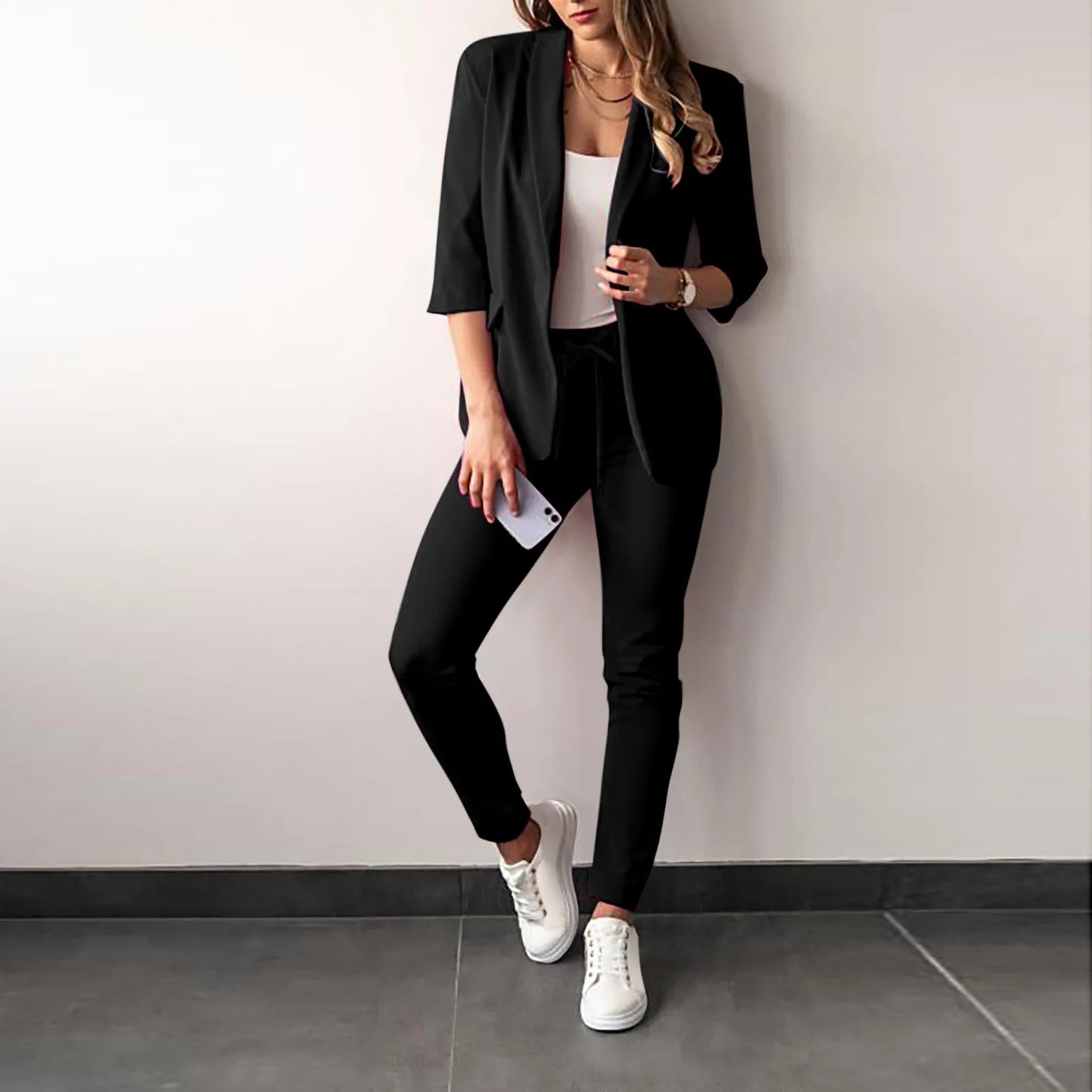 Women's Monochrome Casual Business Suit Temperament Commuting Pants Drawstring Elastic Waist Fashion Slit Suit Two-piece Set