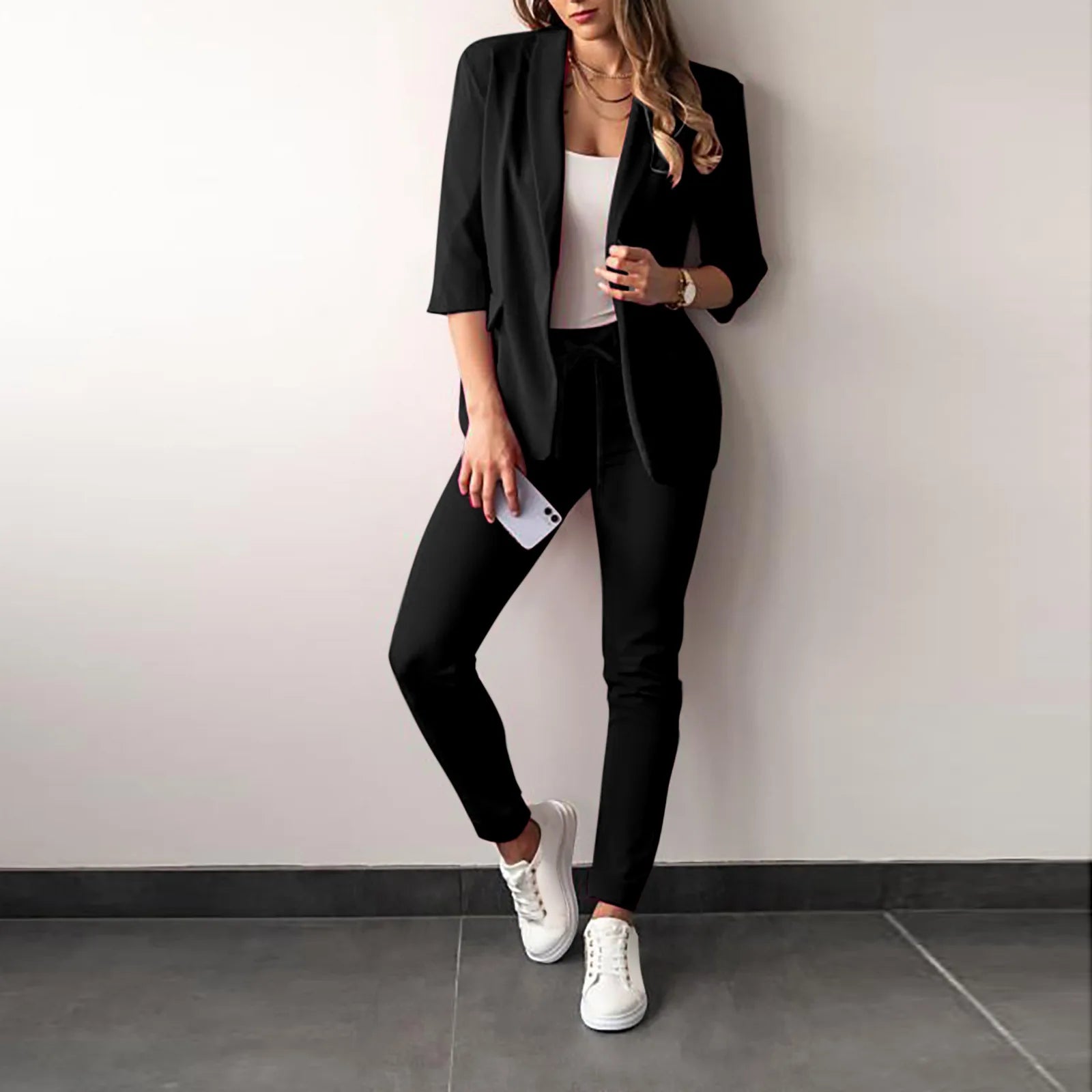 Women's Monochrome Casual Business Suit Temperament Commuting Pants Drawstring Elastic Waist Fashion Slit Suit Two-piece Set