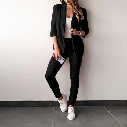 Women's Monochrome Casual Business Suit Temperament Commuting Pants Drawstring Elastic Waist Fashion Slit Suit Two-piece Set