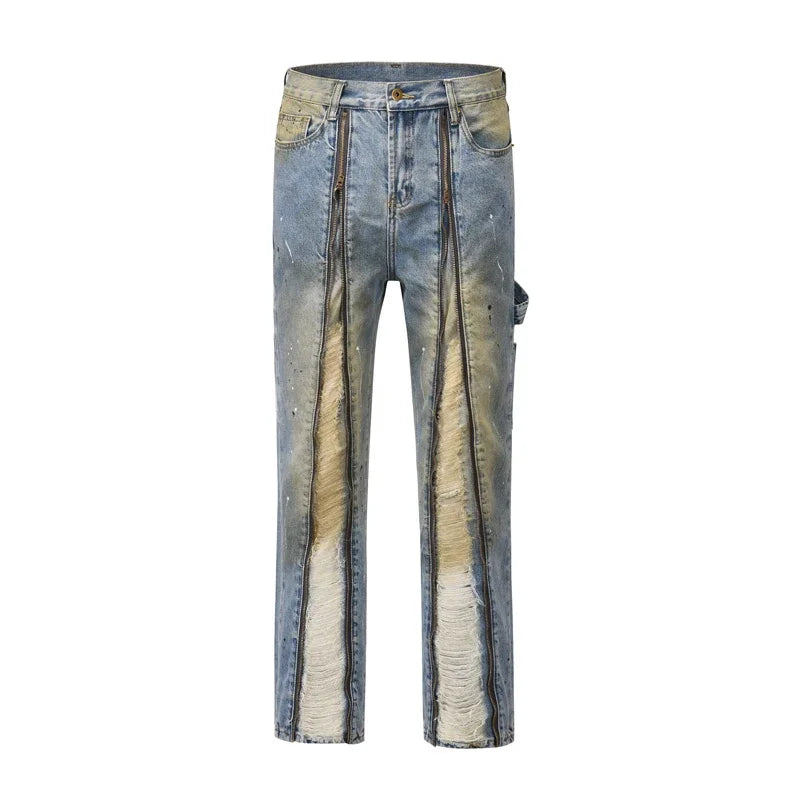 Double Zipper Washed Vintage Yellow Denim Jeans for Men Y2k Men’s Jeans Streetwear Men Distressed Denim Jeans