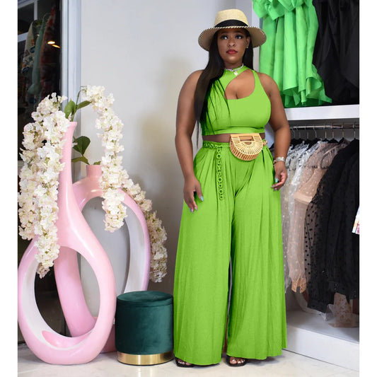 Perl Plus Size Vest Top+wide Leg Pants Suit Summer Two Pieces Set Women Outfit Matching Set High Street Wear