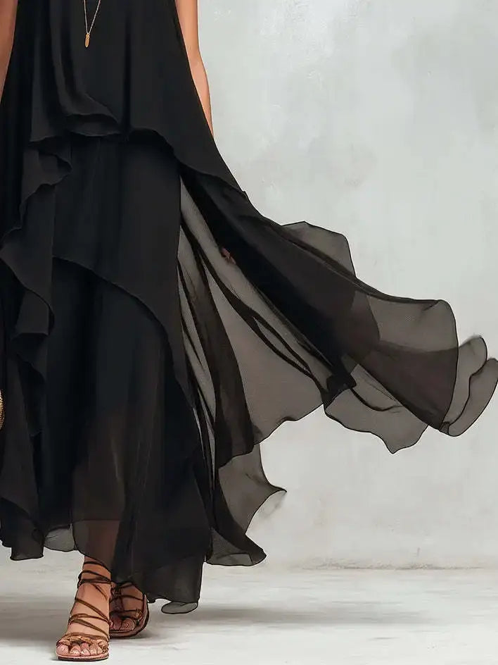 2026 new black sleeveless irregular chiffon long dress with elegant temperament for women