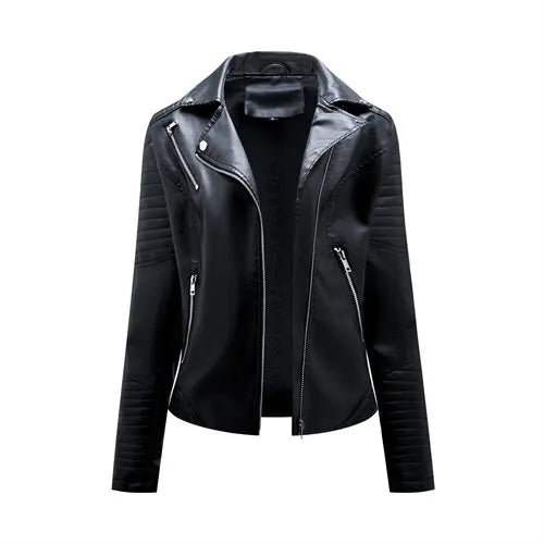 Women's black faux leather zipper biker jacket