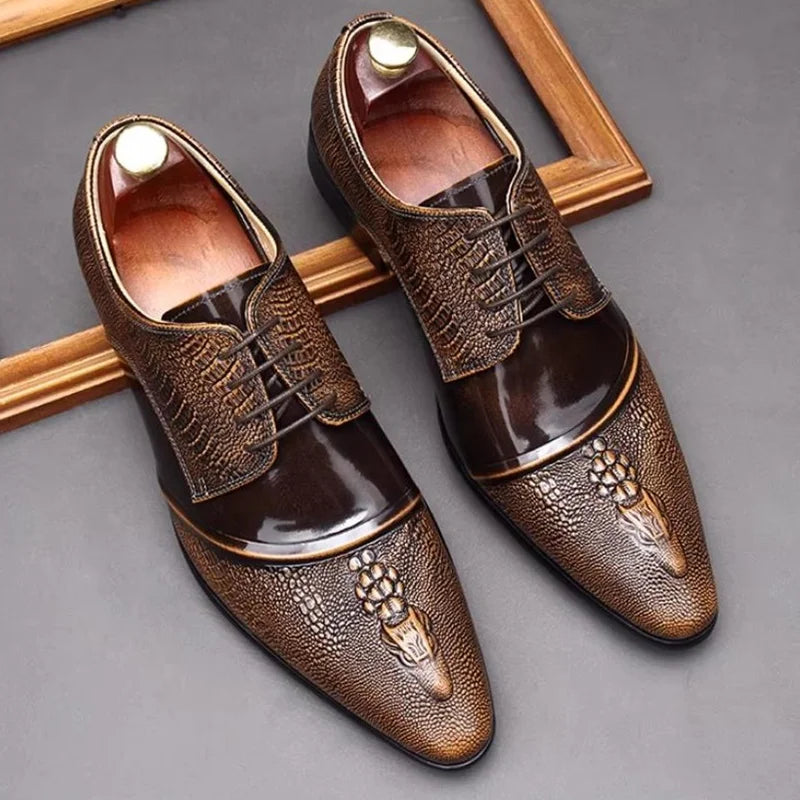 Elegante Herren-Lederschuhe, spitze Zehenpartie, Schnürung, Krokodilmusterprägung, Echtleder, formelle Schuhe, Hochzeitsschuhe, Gesellschaftsschuhe