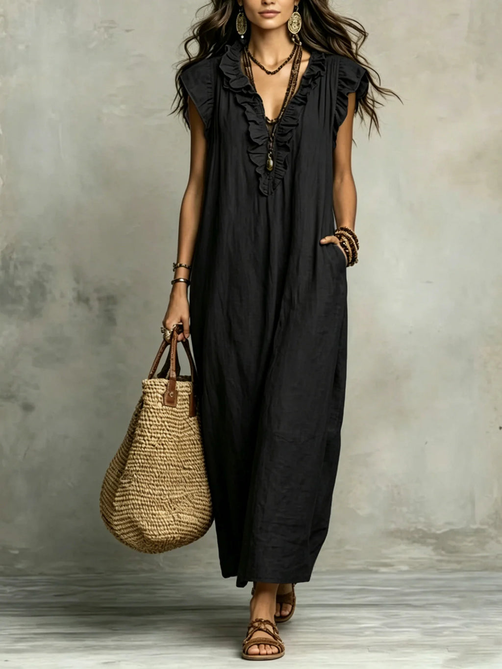 Women's Spring Summer Bohemian Long Dress with Flying Sleeves Elegant Gown for Ladies