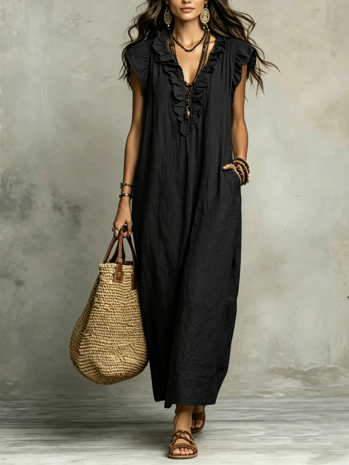 Women's Spring Summer Bohemian Long Dress with Flying Sleeves Elegant Gown for Ladies