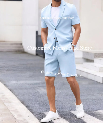 Summer Men's Suit Shorts and Short Sleeves Two Pieces Men Suits Custom Made Wedding Suits Tuxedos Prom Party Blazer Pant Set
