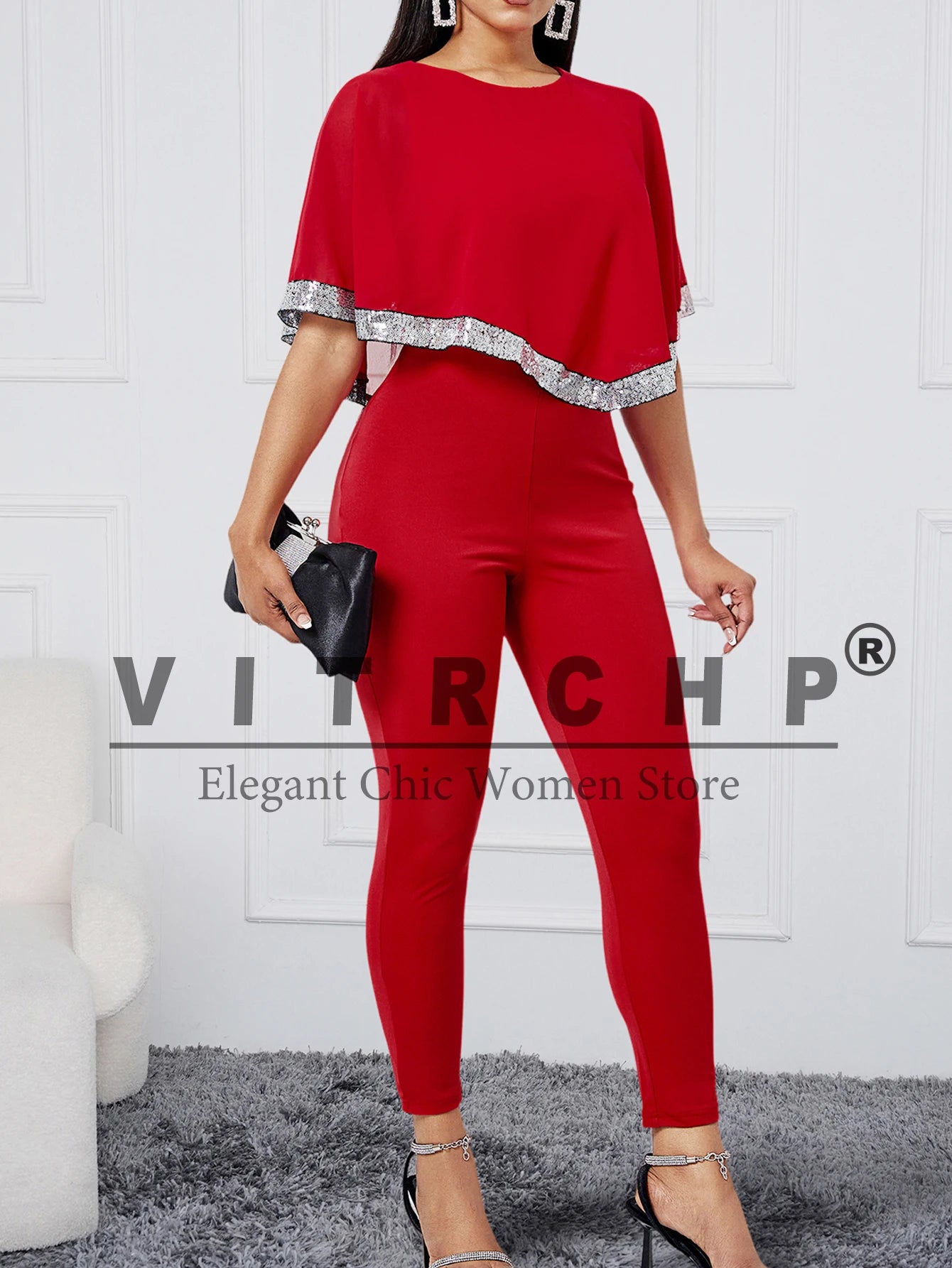 VITRCHP Jumpsuit for Women Autumn Fashion Party Overalls Contrast Sequin Cape Sleeve Tape Patch Elegant Work Bodycon Romper