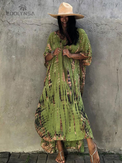 Bohemian Printed V-neck Batwing Sleeve Side Split Loose Dress For Women Clothes Plus Size Beachwear Maxi Dresses Q1218
