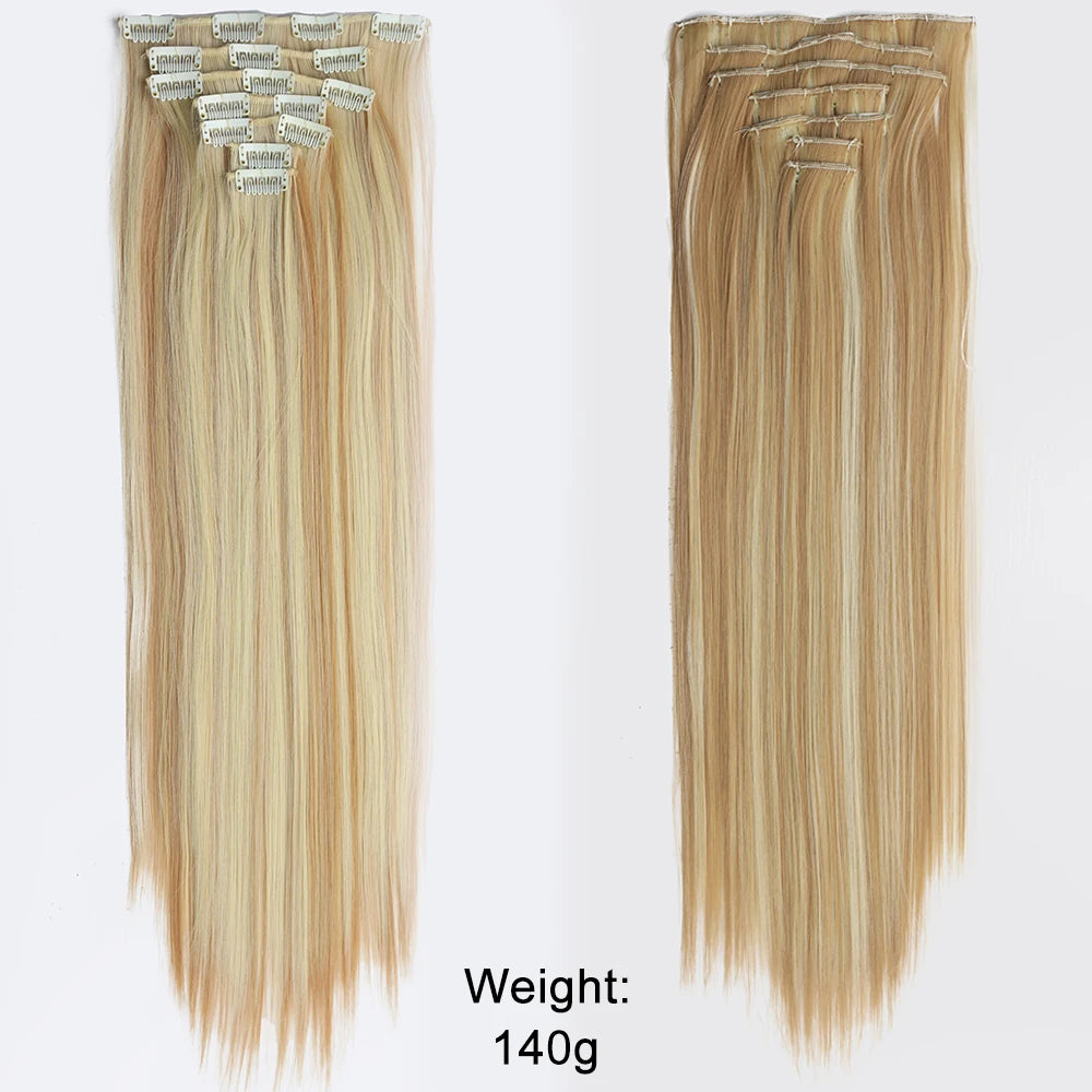 7Pcs/Set 16 Clips Hair Extension Black Long Straight Natural Hair Ombre Hairpiece Heat Resistant Fiber for Women Hairstyle