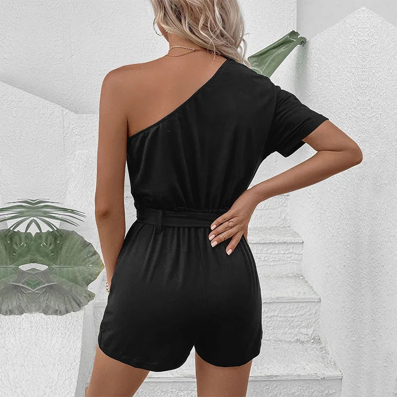 2024 Summer New Women's Casual Single Shoulder Solid Color Jumpsuit Shorts