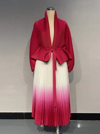 EGRM Gradient Pleated Fashion 2 Piece Set Women Belt Batwing Sleeves Tops A-line Long Dresses Elegant Party New Sets 32C1389