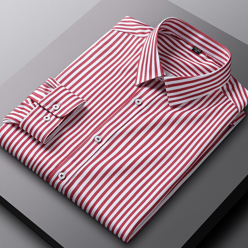 High Quality Stripe Stretch Anti-Wrinkle Non-iron Men Shirts Long Sleeve Dress Shirts Male Slim Social Business Casual Shirt