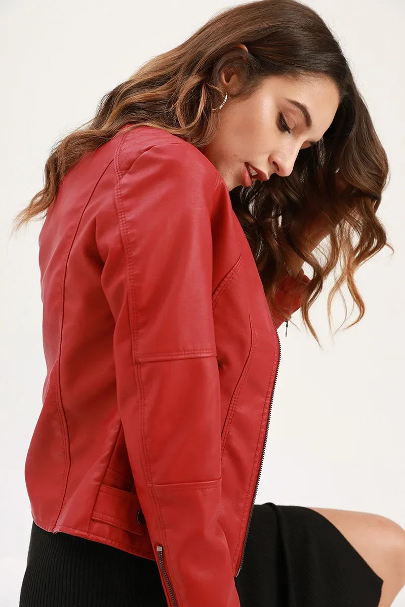 Autumn New Women's Leather Jacket, Fashionable Trim Motorcycle Women PU Coat Black Purple Brown Tops Female Menteau