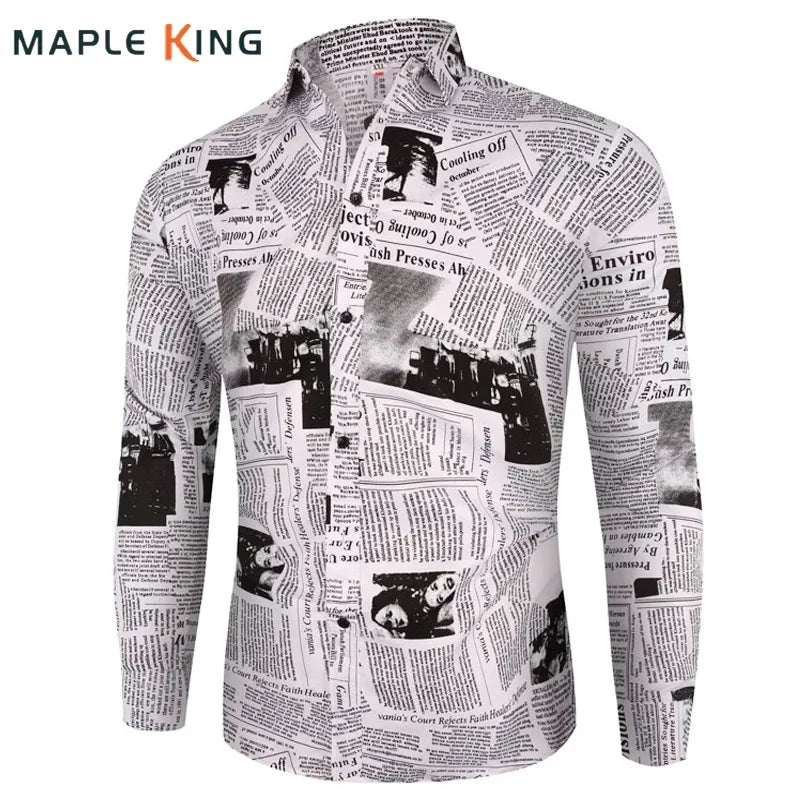 New Arrival Casual Business Plaid Shirts Men Dress Vintage Newspaper Printed Long Sleeve Camisa Social Mens Floral Shirts M-3XL