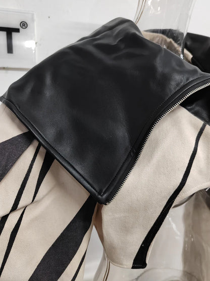 DEAT Fashion Women's Spliced Edge Contrasting Short Jackets Big Lapel Zipper Long Sleeve Short Coat Autumn  New 1DF6153
