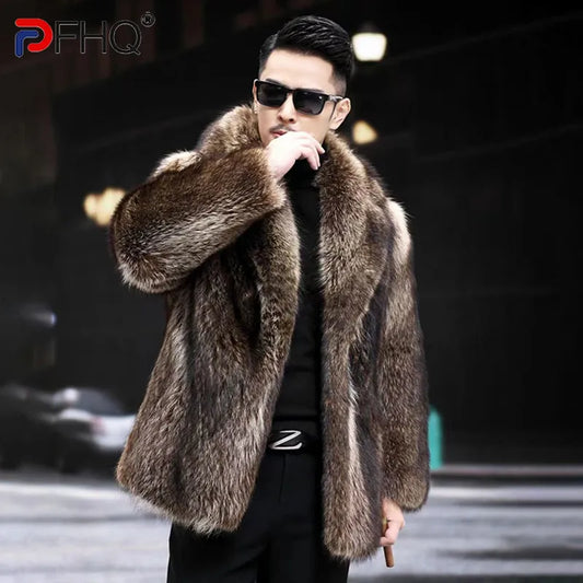 PFHQ Men's Faux Fur Mink Coat Winter Darkwear Medium Length Tide Streetwear Solid Color Warm Comfortable Casual Jackets 21Z1892