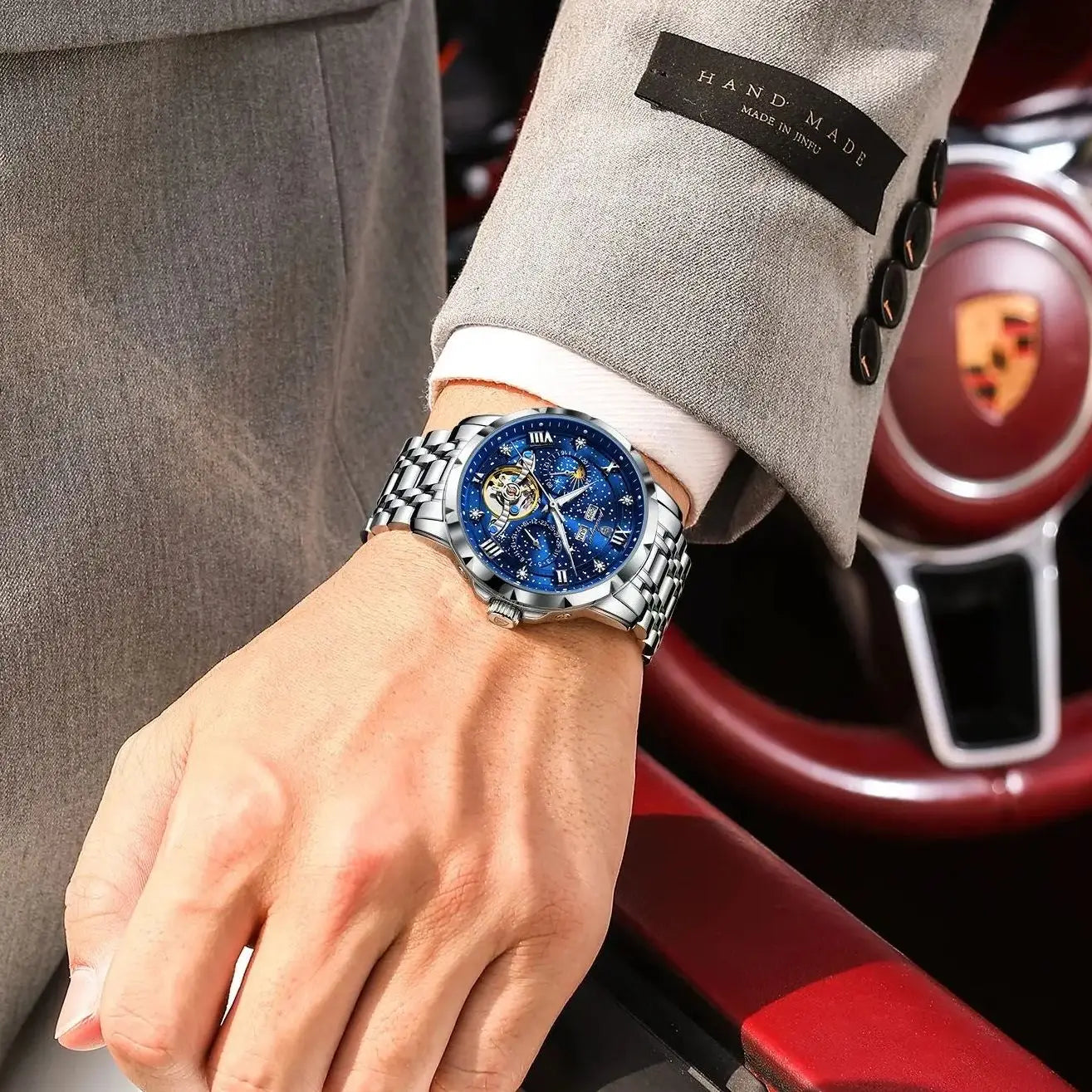 POEDAGAR Top Original Men Clock Automatic Mechanical Stainless Steel Men's Watches Calendar Hollow Tourbillon Man Watch Male+Box