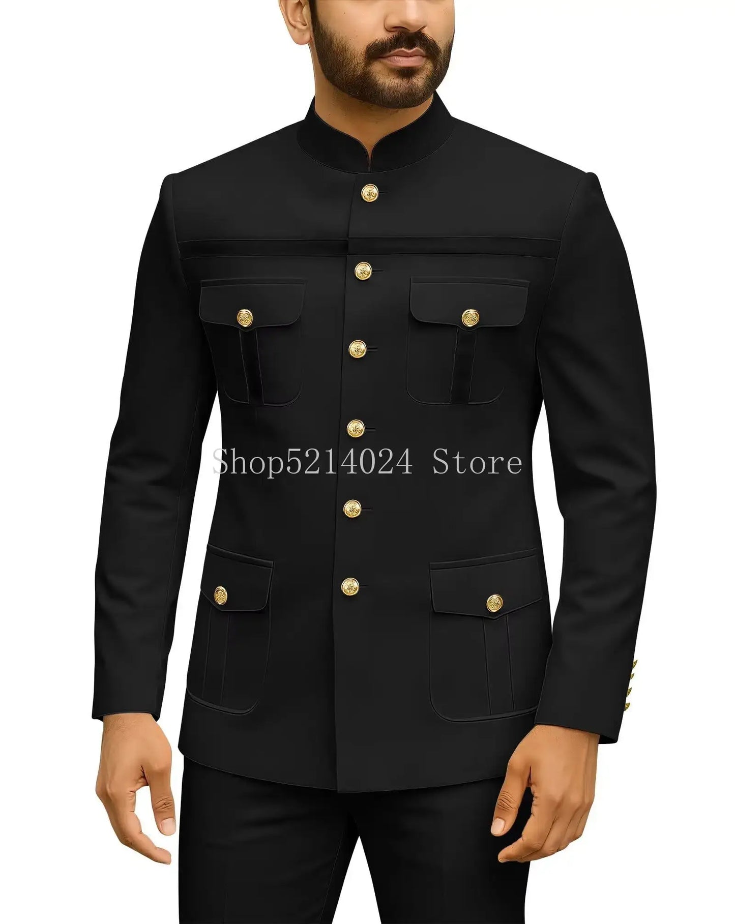 Herren Safari-Anzug 2-teilig Regular Fit Chinakragen Goldknopf Blazer Hose Set Afrikanische Outfits