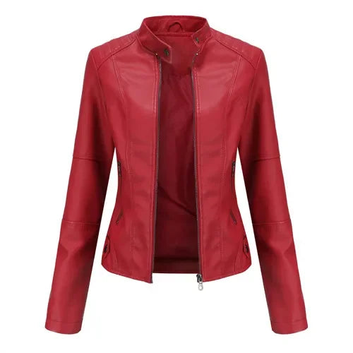 Autumn New Women's Leather Jacket, Fashionable Trim Motorcycle Women PU Coat Black Purple Brown Tops Female Menteau