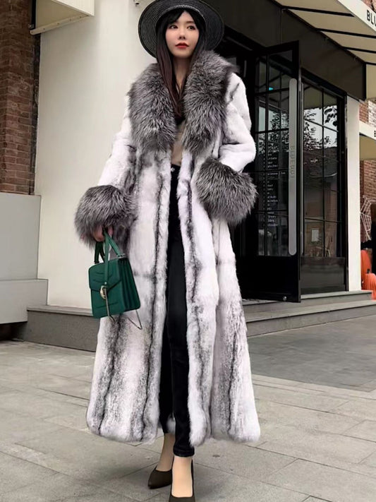 Furyoume Winter New Real Rabbit Fur Coat X-long Thick Warm Natural Fur Jacket With Fox Fur Collar/cuffs Luxury Fur Belt Fashion