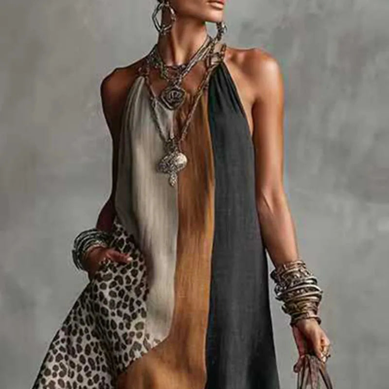 Women Patchwork Animal Print Elegant Party Dresses 2026 Spring Halter Split Hem Long Dress Summer Sleeveless Vacation Maxi Dress